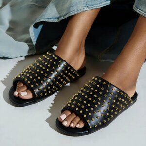 Akira Bagger Studded Slip On Vegan Leather Sandal in Black